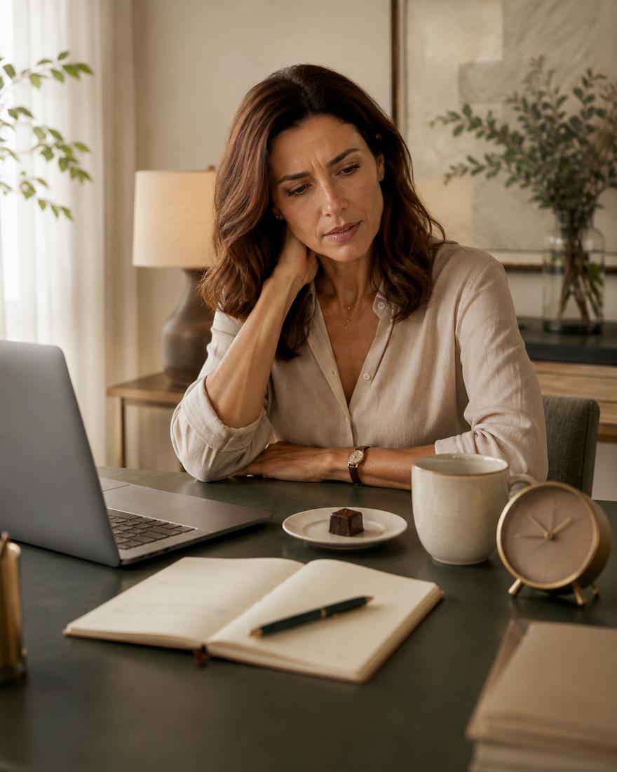 Mulher exausta diante do notebook, com café e um doce sobre a mesa