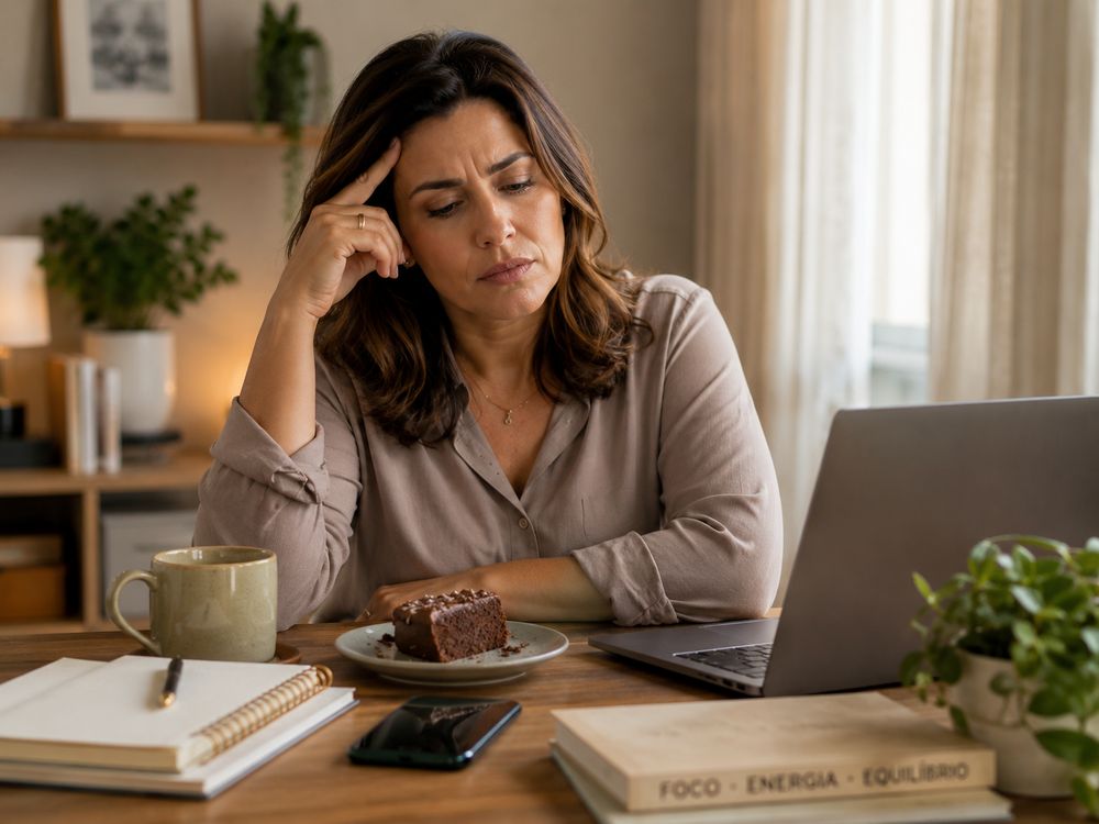 Mulher cansada olhando para um pedaço de bolo de chocolate ao lado do notebook
