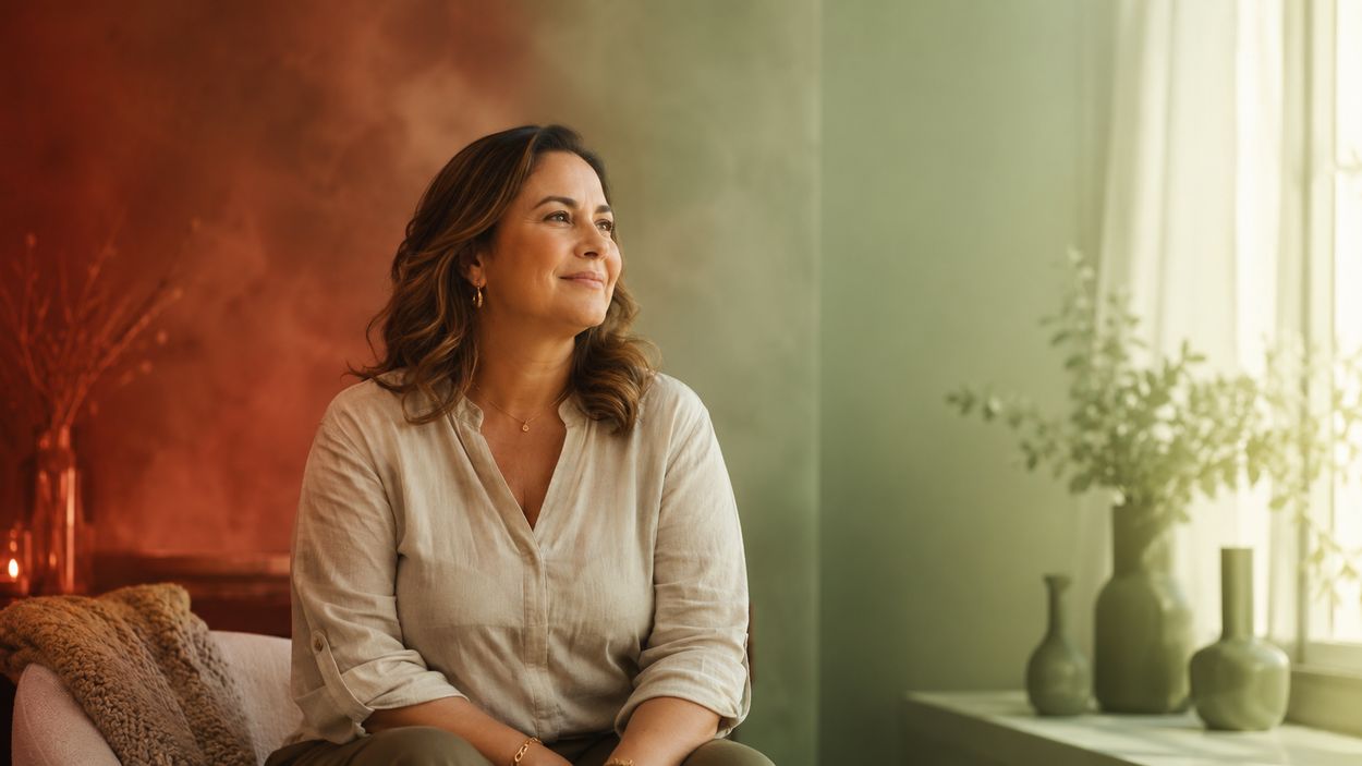 Mulher serena na travessia entre um ambiente vermelho e quente e outro verde e tranquilo